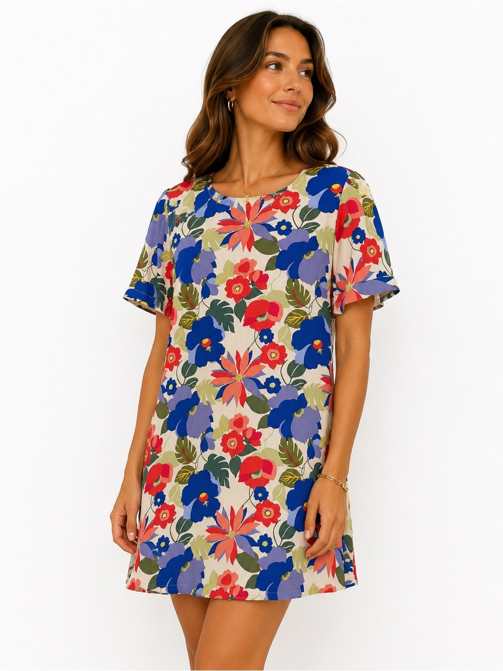 entro Floral Print Dress Top in Red, Coral, Blue, Green
